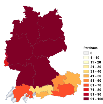 Relative Auftretenshäufigkeit von Parkhaus innerhalb der einzelnen Areale im Verhältnis zu Parkgarage und Parking (in %)