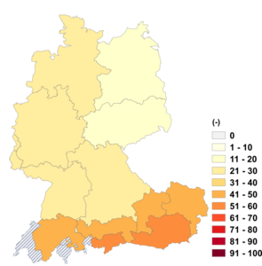 Relative Auftretenshäufigkeit von (-) innerhalb der einzelnen Areale im Verhältnis zu -e (in %)