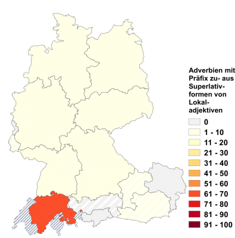 Relative Auftretenshäufigkeit von Komposita mit her- als Erstglied (ohne hernach) innerhalb der einzelnen Areale im Verhältnis zum Gesamtvorkommen in allen Arealen (in %)