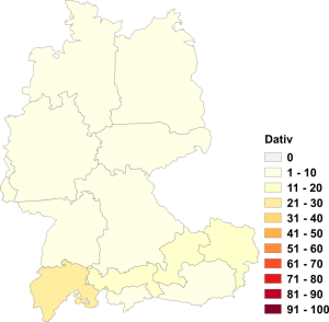 Relative Auftretenshäufigkeit des Dativs bei bezüglich, dank, entlang, inklusive, mittels, statt, trotz, während und wegen innerhalb der einzelnen Areale im Verhältnis zum Genitiv (in %)