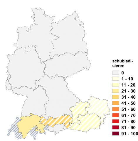 Relative Auftretenshäufigkeit von schubladisieren innerhalb der einzelnen Areale im Verhältnis zum Gesamtvorkommen in allen Arealen (in %)