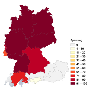 Relative Auftretenshäufigkeit von Sperrung innerhalb der einzelnen Areale im Verhältnis zu Sperre (in %)