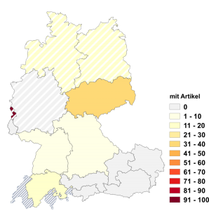Relative Auftretenshäufigkeit von Vorarlberg mit Artikel innerhalb der einzelnen Areale im Verhältnis zu Vorarlberg ohne Artikel (in %)