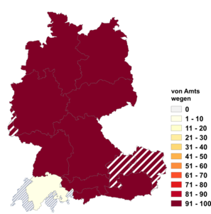 Relative Auftretenshäufigkeit von von Amts wegen innerhalb der einzelnen Areale im Verhältnis zu von Amtes wegen (in %)