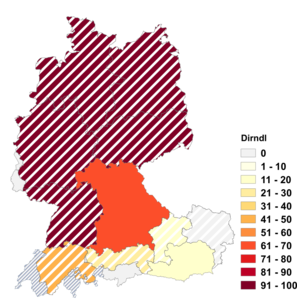 Relative Auftretenshäufigkeit von Dirndl innerhalb der einzelnen Areale im Verhältnis zu Dirndln ('Trachtenkleid'; in %)