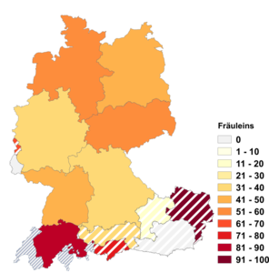 Relative Auftretenshäufigkeit von Fräuleins innerhalb der einzelnen Areale im Verhältnis zu Fräulein (in %)