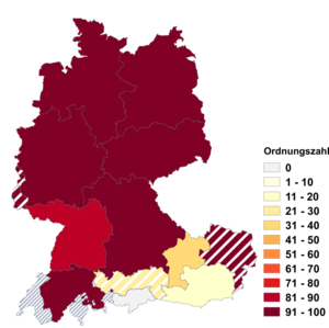 Relative Auftretenshäufigkeit von Ordnungszahl innerhalb der einzelnen Areale im Verhältnis zu Grundzahl (in %)