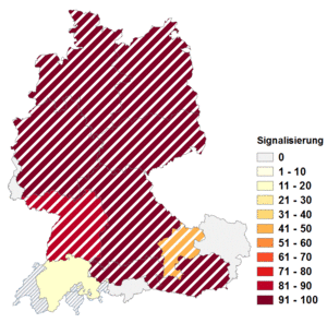 Relative Auftretenshäufigkeit von Signalisierung innerhalb der einzelnen Areale im Verhältnis zu Signalisation (in %)