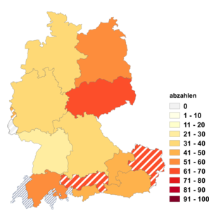 Relative Auftretenshäufigkeit von abzahlen innerhalb der einzelnen Areale im Verhältnis zu abbezahlen (in %)