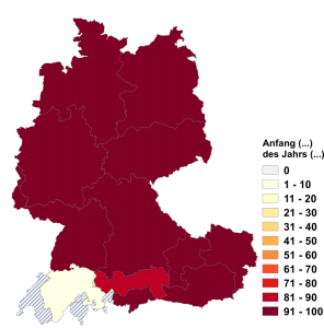 Relative Auftretenshäufigkeit von Anfang, Mitte, Ende der / des Jahrs / Monats / Saison / Woche innerhalb der einzelnen Areale im Verhältnis zu Anfang, Mitte, Ende Jahr / Monat / Saison / Woche (in %)