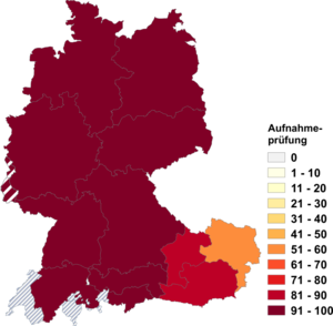 Relative Auftretenshäufigkeit von Aufnahmeprüfung innerhalb der einzelnen Areale im Verhältnis zu Aufnahmsprüfung (in %)