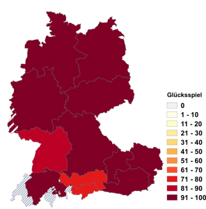 Relative Auftretenshäufigkeit von Glücksspiel innerhalb der einzelnen Areale im Verhältnis zu Glückspiel (in %)
