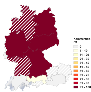 Relative Auftretenshäufigkeit von Kommerzienrat innerhalb der einzelnen Areale im Verhältnis zu Kommerzialrat (in %)