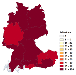 Relative Auftretenshäufigkeit von Präteritum innerhalb der einzelnen Areale im Verhältnis zu Perfekt (in %)