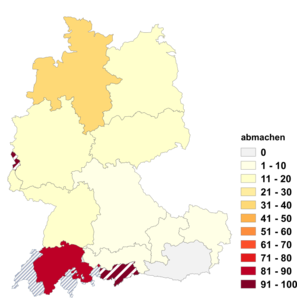 Relative Auftretenshäufigkeit von abmachen innerhalb der einzelnen Areale im Verhältnis zu ausmachen (in %)