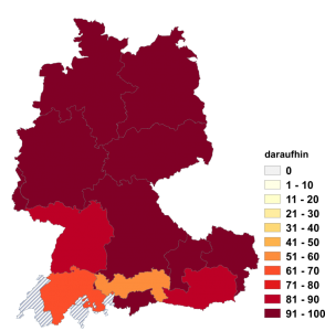 Relative Auftretenshäufigkeit von daraufhin innerhalb der einzelnen Areale im Verhältnis zu darauf (in %)