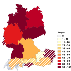 Relative Auftretenshäufigkeit von Kragen innerhalb der einzelnen Areale im Verhältnis zu Krägen (in %)