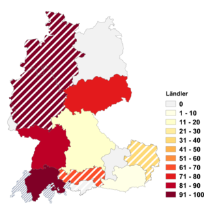 Relative Auftretenshäufigkeit von Ländler innerhalb der einzelnen Areale im Verhältnis zu Landler (in %)