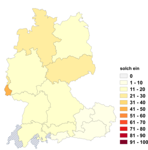 Relative Auftretenshäufigkeit von solch ein innerhalb der einzelnen Areale im Verhältnis zu so ein (in %)