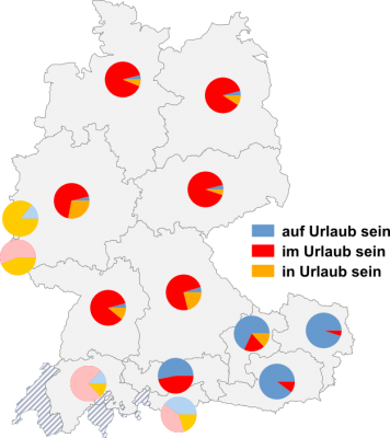 Relative Auftretenshäufigkeit von auf Urlaub sein, im Urlaub sein und in Urlaub sein innerhalb der einzelnen Areale