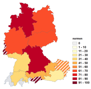 Relative Auftretenshäufigkeit von normen innerhalb der einzelnen Areale im Verhältnis zu normieren (in %)
