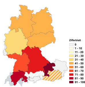 Relative Auftretenshäufigkeit von Zifferblatt innerhalb der einzelnen Areale im Verhältnis zu Ziffernblatt (in %)