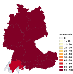 Relative Auftretenshäufigkeit von andererseits innerhalb der einzelnen Areale im Verhältnis zu anderseits (in %)