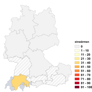 Relative Auftretenshäufigkeit von einwärmen innerhalb der einzelnen Areale im Verhältnis zu aufwärmen (in %)
