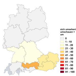 Relative Auftretenshäufigkeit von sich umschauen, sich umsehen um innerhalb der einzelnen Areale im Verhältnis zu sich umschauen, sich umsehen nach (in %)