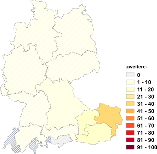 Relative Auftretenshäufigkeit von zweitere- innerhalb der einzelnen Areale im Verhältnis zum Gesamtvorkommen in allen Arealen (in %)
