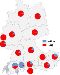 Relative Auftretenshäufigkeit von -ation / -ung innerhalb der einzelnen Areale