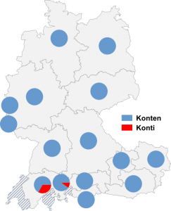 Relative Auftretenshäufigkeit von Konten / Konti innerhalb der einzelnen Areale