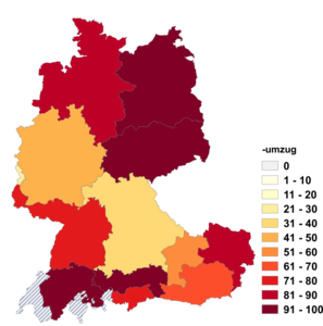 Relative Auftretenshäufigkeit von -umzug innerhalb der einzelnen Areale im Verhältnis zu -zug (in %)