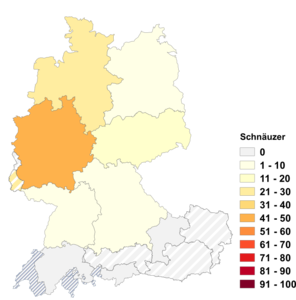 Relative Auftretenshäufigkeit von Schnäuzer innerhalb der einzelnen Areale im Verhältnis zu Schnauz, Schnauzbart und Schnauzer (in %)