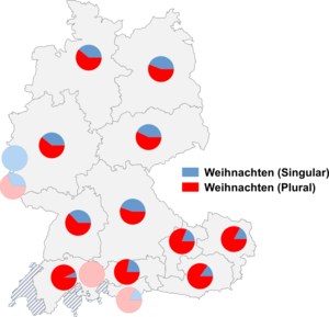 Relative Auftretenshäufigkeit von Weihnachten (Singular) / Weihnachten (Plural) innerhalb der einzelnen Areale