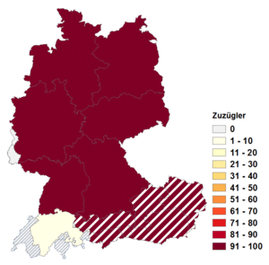 Relative Auftretenshäufigkeit von Zuzügler innerhalb der einzelnen Areale im Verhältnis zu Zuzüger (in %)