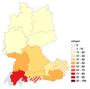 Relative Auftretenshäufigkeit von anlügen innerhalb der einzelnen Areale im Verhältnis zu belügen (in %)
