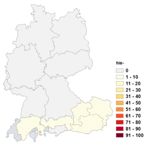 Relative Auftretenshäufigkeit von hie- innerhalb der einzelnen Areale im Verhältnis zu hier- (in %)