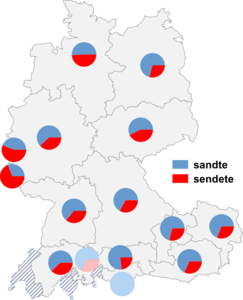 Relative Auftretenshäufigkeit von sandte / sendete innerhalb der einzelnen Areale