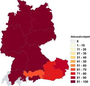 Relative Auftretenshäufigkeit von vergessen mit Akkusativobjekt innerhalb der einzelnen Areale im Verhältnis zu vergessen mit Präpositionalobjekt mit auf (in %)