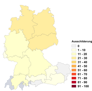 Relative Auftretenshäufigkeit von Ausschilderung innerhalb der einzelnen Areale im Verhältnis zu Beschilderung (in %)