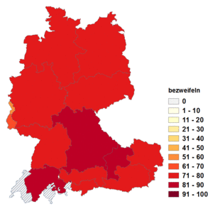 Relative Auftretenshäufigkeit von bezweifeln innerhalb der einzelnen Areale im Verhältnis zu anzweifeln (in %)