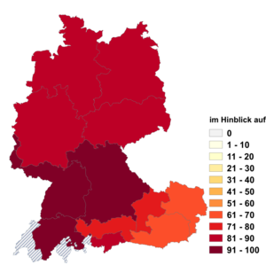 Relative Auftretenshäufigkeit von im Hinblick auf innerhalb der einzelnen Areale im Verhältnis zu in Hinblick auf (in %)