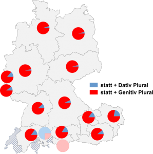 Relative Auftretenshäufigkeit von statt + Dativ Plural / statt + Genitiv Plural innerhalb der einzelnen Areale