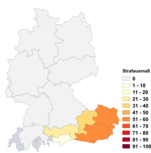 Relative Auftretenshäufigkeit von Strafausmaß innerhalb der einzelnen Areale im Verhältnis zu Strafmaß (in %)