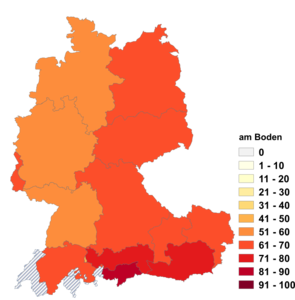 Relative Auftretenshäufigkeit von am Boden innerhalb der einzelnen Areale im Verhältnis zu auf dem Boden (in %)