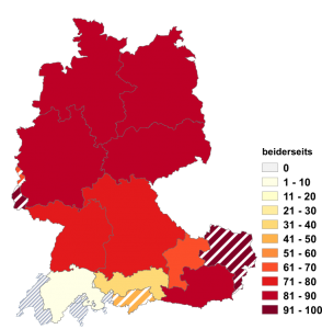 Relative Auftretenshäufigkeit von beiderseits innerhalb der einzelnen Areale im Verhältnis zu beidseits (in %)