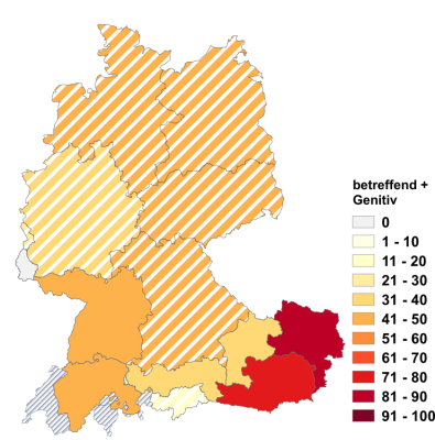 Relative Auftretenshäufigkeit von betreffend + Genitiv innerhalb der einzelnen Areale im Verhältnis zu betreffend + Akkusativ und betreffend + Dativ (in %)