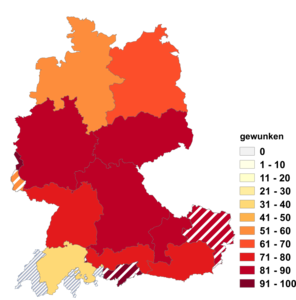 Relative Auftretenshäufigkeit von gewunken innerhalb der einzelnen Areale im Verhältnis zu gewinkt (in %)