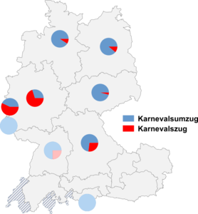 Relative Auftretenshäufigkeit von Karnevalsumzug / Karnevalszug innerhalb der einzelnen Areale